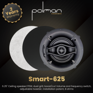 רמקול שקוע 6.25 POLMAN גריל כפול (שחור ולבן),170W הגברה/הנחתה של ווליום ותחום תדרים, טוויטר מתכוונן, פטנט התקנת קליפס קלה, 8 Ohms שנתיים אחריות מחיר ליחידה אחת