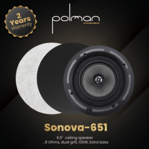 רמקול שקוע 6.5 POLMAN, התנגדות 8 Ohms, גריל כפול (שחור ולבן), 130W,סאונד ובס מחוזקים שנתיים אחריות מחיר ליחידה אחת